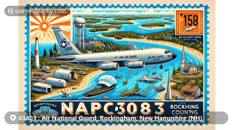 Modern illustration of Rockingham County, New Hampshire, showcasing Air National Guard's 157th Air Refueling Wing with KC-46 Pegasus tanker, diverse landscape with beaches, islands, and lakes, and historical mid-air refueling depiction.
