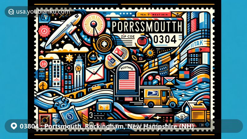 Modern illustration of Portsmouth, Rockingham County, NH, showcasing postal theme with ZIP code 03804, featuring mail-related elements and symbols of New Hampshire.