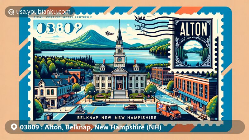 Modern illustration of Alton, Belknap, New Hampshire, featuring Lake Winnipesaukee, Mount Major, Alton Town Hall, Monument Square, and postal theme with ZIP code 03809.