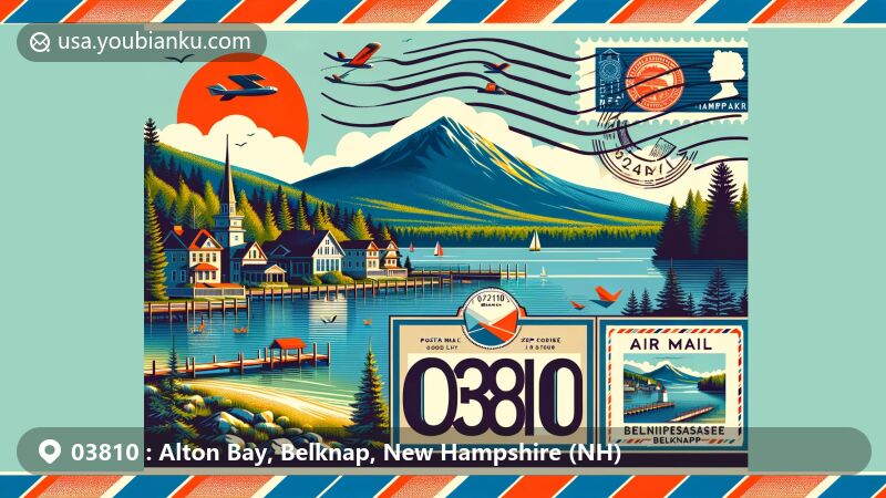 Modern illustration of Alton Bay, Belknap, New Hampshire, showcasing postal theme with ZIP code 03810, featuring Lake Winnipesaukee and Mount Major.