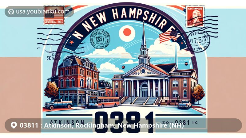 Modern illustration of Atkinson, Rockingham County, New Hampshire, showcasing postal theme with ZIP code 03811, featuring Main Street and Centennial Hall, incorporating New Hampshire state flag.