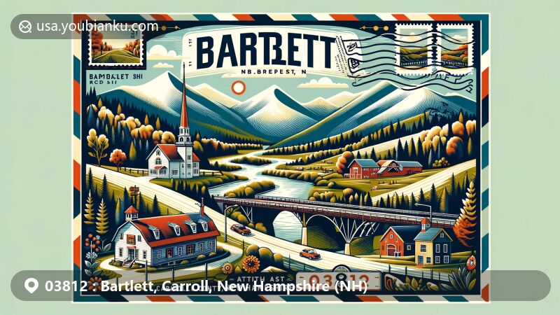 Modern illustration of Bartlett, Carroll County, New Hampshire, featuring postal theme with ZIP code 03812, showcasing White Mountains, Attitash ski area, Bear Notch Ski Touring area, and covered bridge.