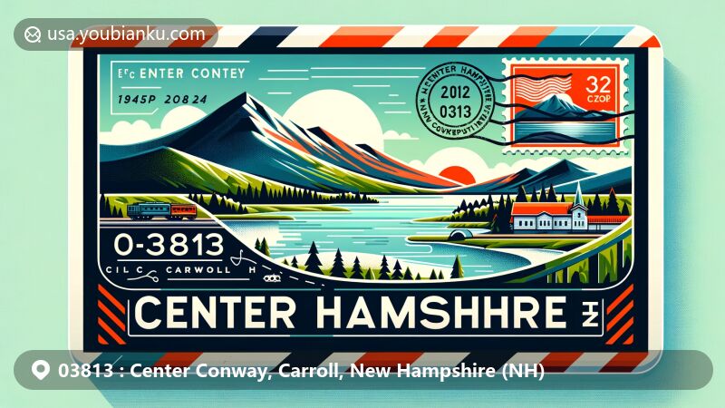 Modern illustration of Center Conway, Carroll County, New Hampshire, showcasing postal theme with ZIP code 03813, featuring White Mountains, Conway Lake, and NH state symbols.