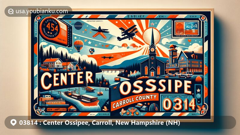 Modern illustration of Center Ossipee, Carroll County, New Hampshire, showcasing postal theme with ZIP code 03814, featuring airmail elements and local symbols.