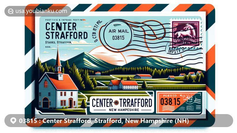 Modern illustration of Center Strafford, Strafford, New Hampshire, featuring rolling mountain ranges, Berrybogg Farm, and historic Austin Hall, designed as an airmail envelope or postcard with prominent postal elements like stamps, postmarks, and ZIP Code 03815.