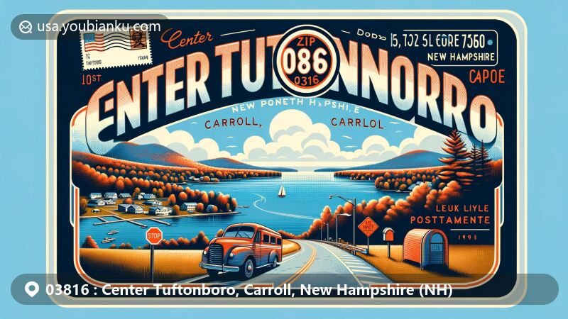 Vibrant illustration of Center Tuftonboro, Carroll County, New Hampshire, capturing the scenic beauty with Lake Winnipesaukee in the background, showcasing vintage postal theme and ZIP code 03816.