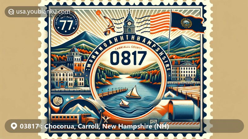 Modern illustration of Chocorua area in Carroll County, New Hampshire, showcasing postal theme with ZIP code 03817, featuring iconic landmarks like Chocorua Lake and Mount Chocorua.