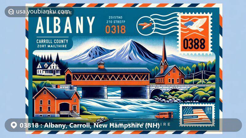 Modern illustration of Albany, Carroll County, New Hampshire, featuring postal theme with ZIP code 03818, highlighting landmarks like Russell-Colbath House and 120-foot covered bridge, and showcasing natural beauty of Mount Chocorua.