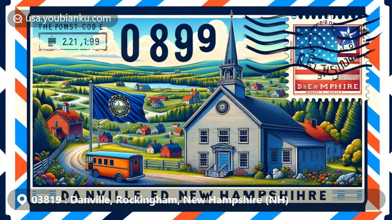 Modern illustration of Danville, New Hampshire showcasing a beautifully designed airmail envelope with postal elements and ZIP Code 03819, set against the backdrop of rural landscape featuring historic buildings like the old meeting house and state symbols.