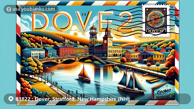 Modern illustration of Dover, Strafford County, New Hampshire, with ZIP code 03822, showcasing iconic landmarks like Garrison Hill Park and Tower and Cocheco Mills, in a picturesque blend of historic downtown and Cocheco River elements.