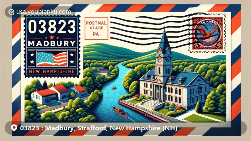 Modern illustration of Madbury, Strafford County, New Hampshire, portraying postal theme with ZIP code 03823, featuring Bellamy Reservoir, Bellamy River, Madbury Town Hall, and New Hampshire state symbols.