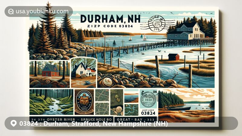 Modern illustration of Durham, NH showcasing natural beauty with scenes of Oyster River, Spruce Hole Bog, and Great Bay, along with historical elements like stone walls and agricultural remnants, bordered by postal features including stamp, postmark, and ZIP Code 03824.