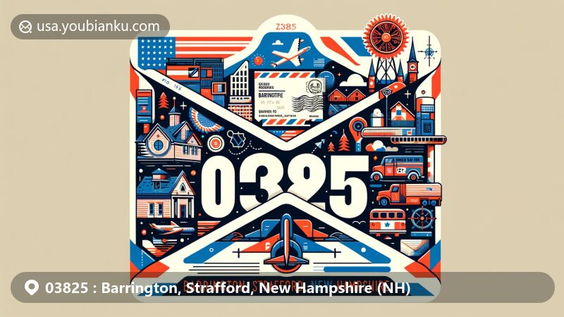 Modern illustration of Barrington, Strafford, New Hampshire, showcasing postal theme with ZIP code 03825, featuring iconic state symbols and recognizable landmarks.