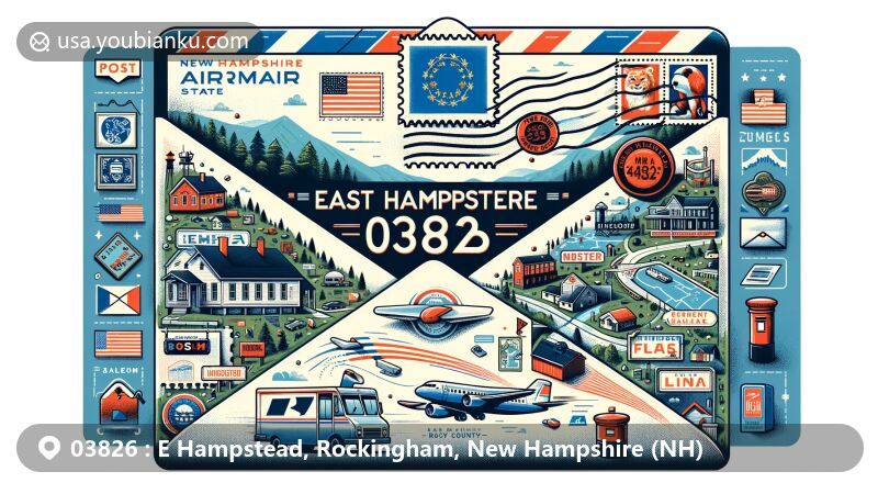 Modern illustration of East Hampstead, Rockingham County, New Hampshire, featuring postal theme with ZIP code 03826, showcasing state flag, map, postal elements, and local landmarks.