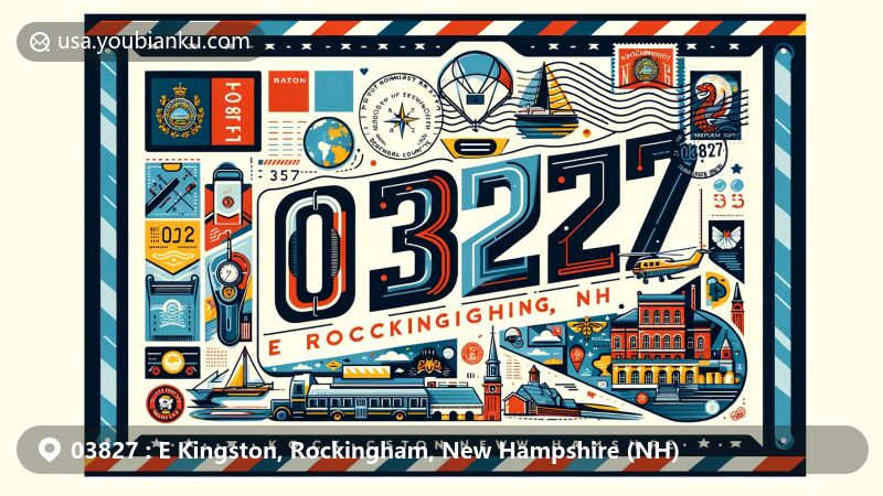 Modern illustration of E Kingston, Rockingham County, New Hampshire, featuring postal theme with ZIP code 03827, showcasing regional symbols and postal elements.