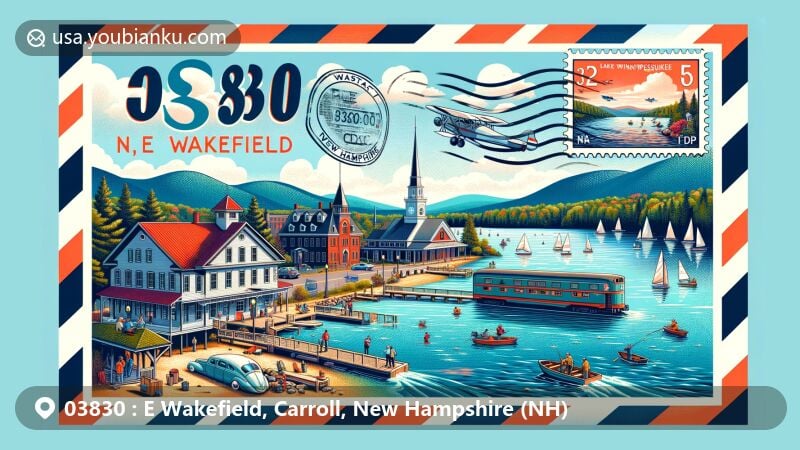 Modern illustration of E Wakefield, New Hampshire (NH), postal theme with ZIP code 03830, showcasing Lake Winnipesaukee's natural beauty, boating, fishing, Wakefield Opera House, Wakefield Heritage Park, railroad station, Russell snow plow railcar, postal elements, and colonial-era architecture.