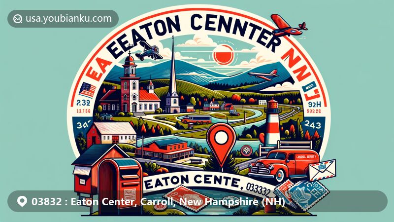 Modern illustration of Eaton Center, Carroll County, New Hampshire, featuring scenic landscape with New Hampshire symbols, vintage airmail envelope, and red mailbox, highlighting ZIP code 03832.