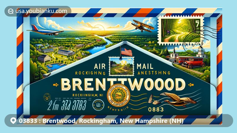 Modern illustration of Brentwood, Rockingham County, New Hampshire, featuring vibrant natural landscapes, historical landmarks, and postal elements with ZIP code 03833.
