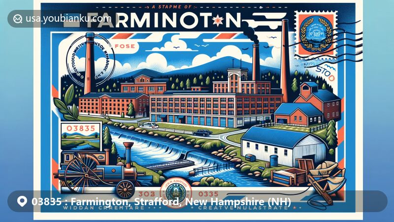 Modern illustration of Farmington, New Hampshire, showcasing historic shoe factory, iconic Cochecho River, and Blue Job Mountain in the background. Featuring New Hampshire state flag with blue background, state emblem, laurel leaves, and nine stars. Postal elements include airmail envelope border, postage stamp with ZIP code '03835', postmark, and depiction of an old mail truck. Bright and eye-catching, highlighting the uniqueness of Farmington and the characteristics of New Hampshire state.