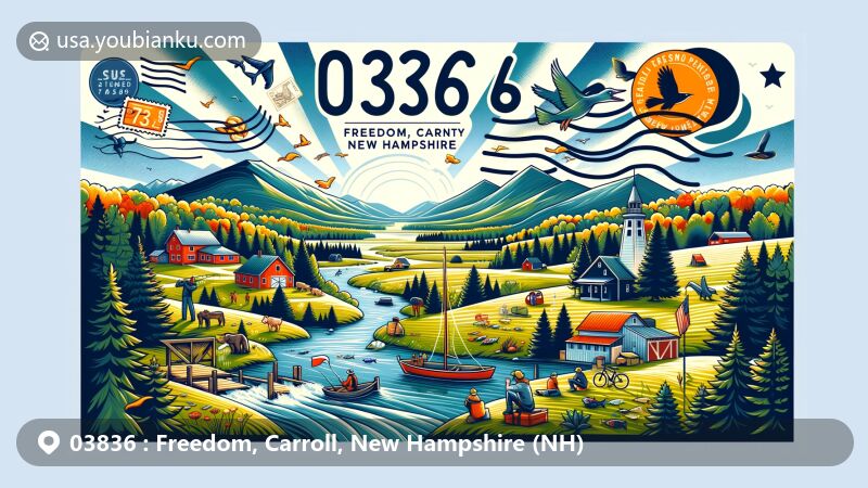 Modern illustration of Freedom, Carroll County, New Hampshire, showcasing rural landscapes with hills and mountains, outdoor activities like fishing and hiking, and postal elements with ZIP code 03836.