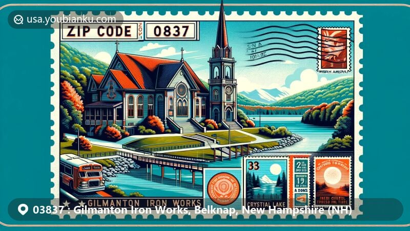 Modern illustration of Gilmanton Iron Works, New Hampshire, showcasing United Church of Gilmanton and Crystal Lake, designed in vintage postcard style with postal elements and ZIP code 03837.
