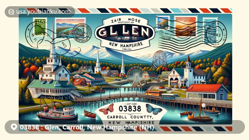 Modern illustration of Glen, Carroll County, New Hampshire, highlighting postal theme with ZIP code 03838, featuring Story Land amusement park, Living Shores Aquarium, Covered Bridge Shoppe, and White Mountains.