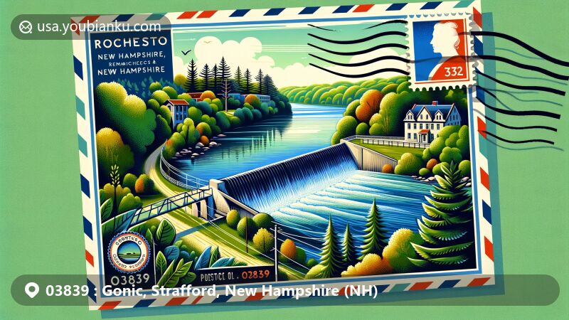 Modern illustration of Gonic neighborhood, Rochester, New Hampshire, highlighting Cocheco River, picturesque dam, Isinglass River Park, and Gonic Trails, with postal theme including ZIP code 03839.