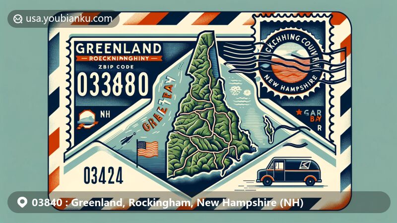 Modern illustration of Greenland, Rockingham County, New Hampshire, showcasing postal theme with ZIP code 03840, featuring Great Bay and state flag, incorporating stylized map outline and classic postal elements.