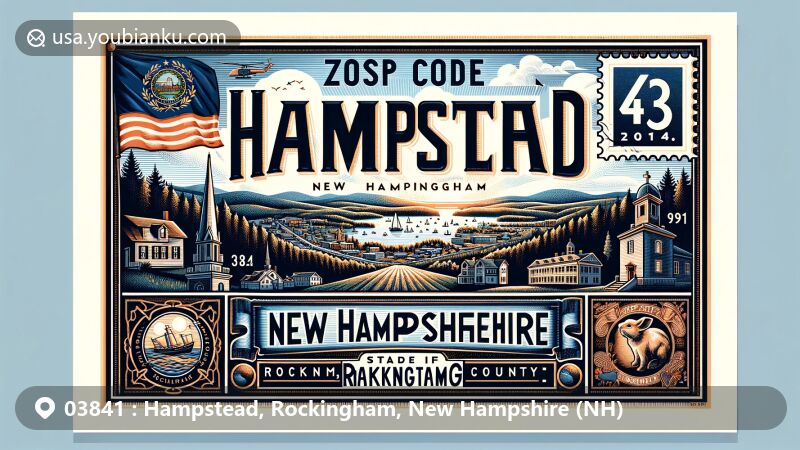 Modern illustration of Hampstead, Rockingham, New Hampshire, representing ZIP code 03841, featuring elements of the New Hampshire state flag, a silhouette of Rockingham County, and recognizable landmarks or cultural symbols of Hampstead.