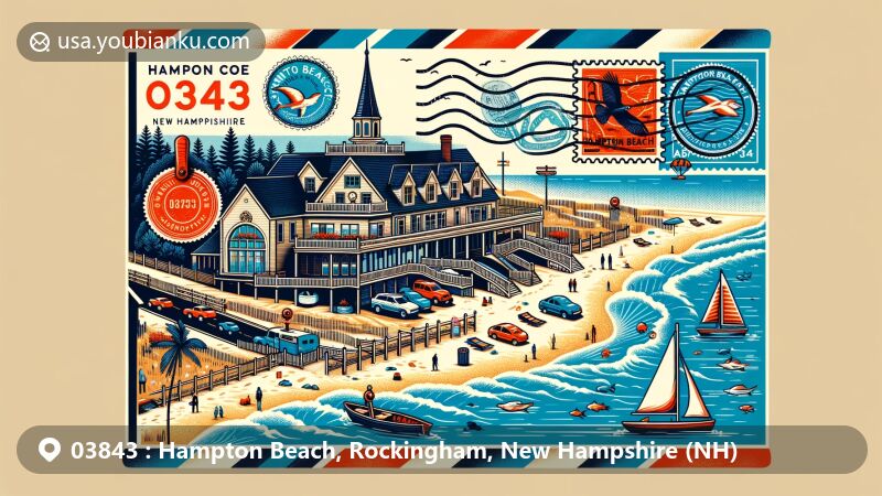 Modern illustration of Hampton Beach, Rockingham, New Hampshire, featuring iconic landmarks like Hampton Beach State Park, Casino Ballroom, and New Hampshire Marine Memorial, blended with postal elements like stamps, postmarks, and ZIP Code 03843.