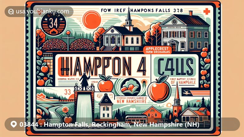 Creative modern illustration of Hampton Falls, New Hampshire, showcasing postal theme with ZIP code 03844, featuring Applecrest Farm Orchards, First Baptist Church, New Hampshire Historic Marker #37, Gov. Meshech Weare House, and Hampton Falls Historical Society.