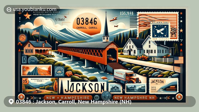 Modern illustration of Jackson, Carroll, New Hampshire with postal theme featuring Honeymoon Covered Bridge, Wentworth Hall, Thorn Mountain, and Jackson Falls Historic District, incorporating state flag and postal elements with ZIP code 03846.