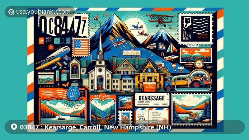 Modern illustration of Kearsarge, Carroll County, New Hampshire, showcasing postal theme with ZIP code 03847, featuring Kearsarge North peak and Cranmore Mountain Resort.