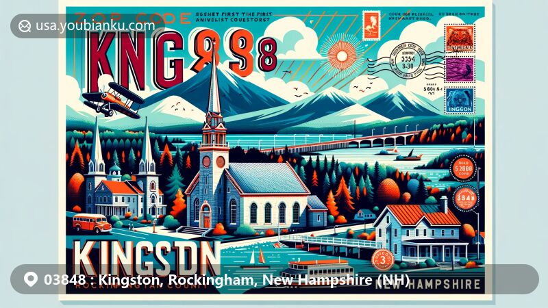 Modern illustration of Kingston, Rockingham County, New Hampshire, highlighting postal theme with ZIP code 03848, featuring First Universalist Church, White Mountain National Forest, and Church On The Plains.