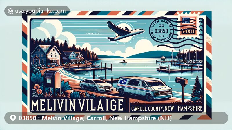 Modern illustration of Melvin Village Marina and Lake Winnipesaukee, located in Melvin Village, Carroll County, New Hampshire, featuring postal theme with ZIP code 03850, including elements like postage stamp, postmark, mailbox, and postal van, with New Hampshire state flag.