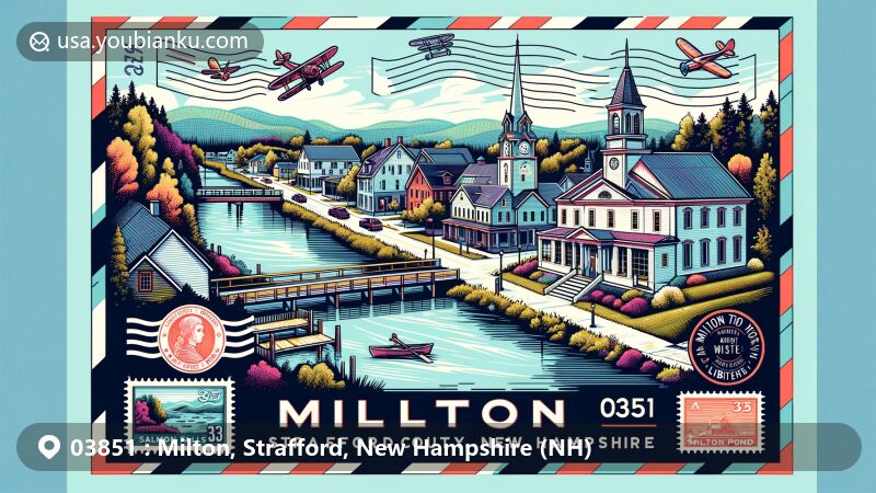 Modern illustration of Milton, Strafford County, New Hampshire, highlighting postal theme with ZIP code 03851, featuring Milton Town House, Milton Free Public Library, Salmon Falls River, and Milton Pond.