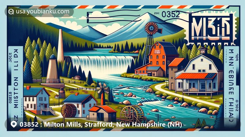 Modern illustration of Milton Mills, Strafford County, New Hampshire, displaying scenic Salmon Falls River, Moose Mountains, historical buildings, and local businesses, in a postcard format with ZIP code 03852.