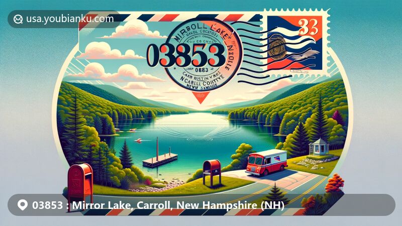 Modern illustration of Mirror Lake, Carroll, New Hampshire, featuring serene waters, greenery, and rolling hills, with stylized envelope highlighting postal theme and ZIP code 03853.