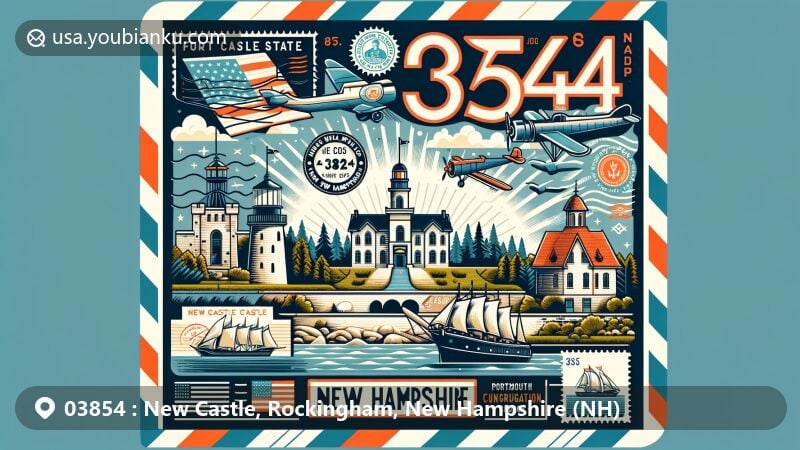 Modern illustration of New Castle, Rockingham, New Hampshire (NH), showcasing a vintage airmail envelope style with ZIP code 03854, featuring Fort Stark State Historic Site, Portsmouth Harbor Light, and New Castle Congregational Church.