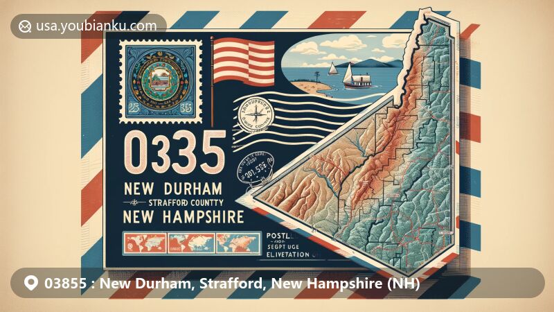 Modern illustration of New Durham, Strafford County, New Hampshire, showcasing postal theme with ZIP code 03855, featuring state flag and topographic details.