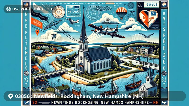 Modern illustration of Newfields, Rockingham, New Hampshire (NH), highlighting Newfields Community Church and Squamscott River, featuring postal elements with ZIP code 03856 and Great Bay scenery.