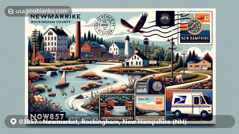 Modern illustration of Newmarket, Rockingham County, New Hampshire, showcasing postal theme with ZIP code 03857, featuring Heron Point Sanctuary, Lamprey River, and mill history.
