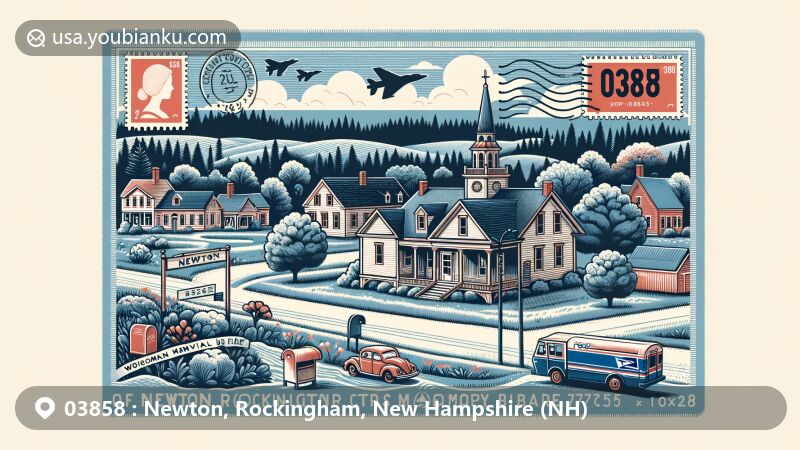 Modern illustration of Newton, Rockingham County, New Hampshire, highlighting postal theme with ZIP code 03858, featuring rural landscape, Wiggin Memorial Library, Woodman Road Historic District, and postal elements like postcard, stamps, mailbox, and mail truck.