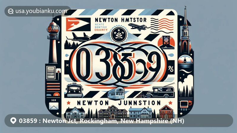 Modern illustration of Newton Junction, Rockingham County, New Hampshire, highlighting postal theme with ZIP code 03859, featuring state symbols and local landmarks.