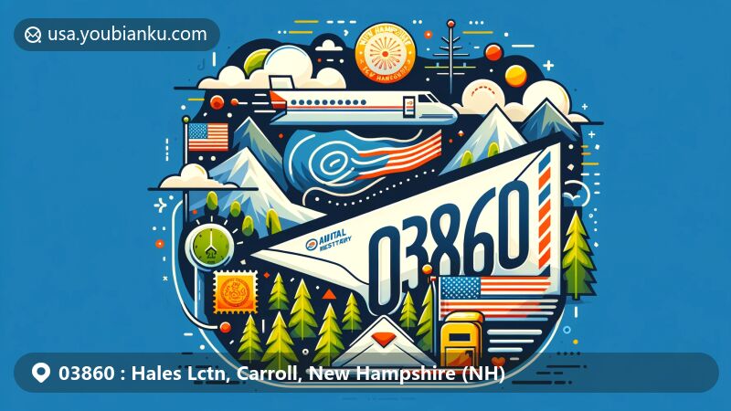 Bright and colorful illustration of ZIP Code 03860 in New Hampshire, featuring postcard with postal theme, state flag, natural scenery, and postal elements.