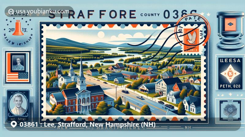 Modern illustration of Lee, Strafford County, New Hampshire, showcasing aerial view of town with New England architecture and historical landmarks like Lee Town Hall, surrounded by lush greenery, featuring vintage airmail envelope with custom postage stamp bearing state flag and '03861' ZIP code.