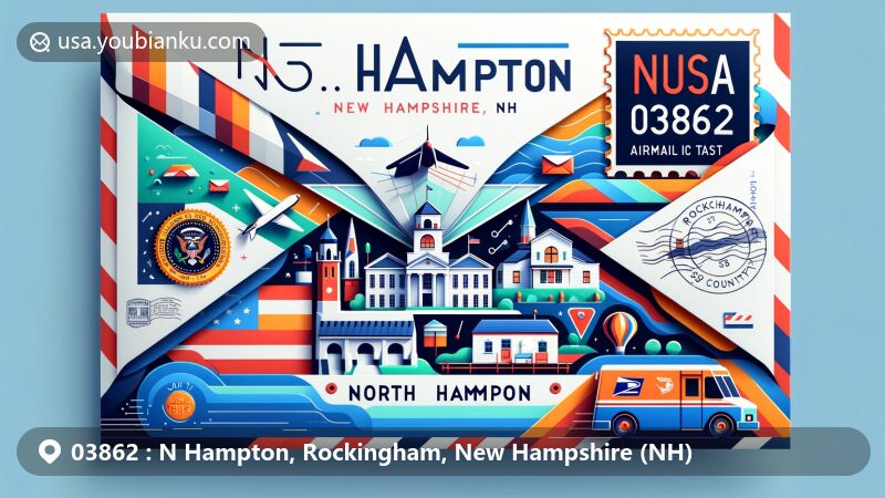Modern illustration of N Hampton, Rockingham County, New Hampshire, depicting airmail envelope with NH state flag, Rockingham County outline, and postal elements, showcasing ZIP code 03862.