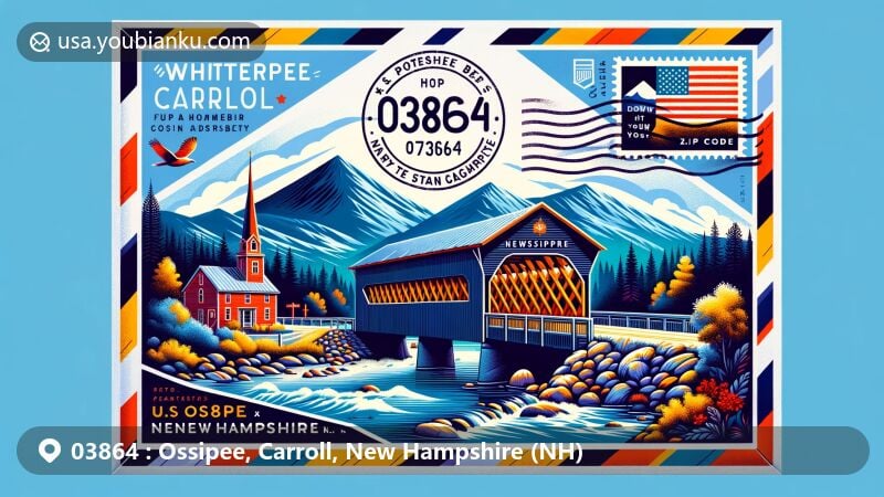 Modern illustration of Ossipee, Carroll, New Hampshire, showcasing Whittier Bridge, Ossipee Mountains, and Ossipee Lake, with ZIP code 03864 and New Hampshire state flag on airmail envelope.