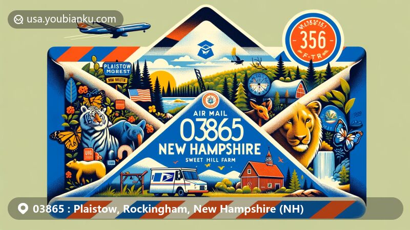 Modern illustration of Plaistow, New Hampshire, featuring vintage air mail envelope with ZIP code 03865, showcasing town landmarks and local attractions like Plaistow Town Forest, Zoo Creatures, and Sweet Hill Farm.