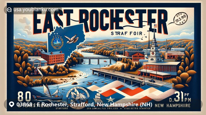 Modern illustration of E Rochester, Strafford, New Hampshire, showcasing postal theme with ZIP code 03868, featuring Salmon Falls River, small-town charm of Strafford, and New Hampshire state symbols.